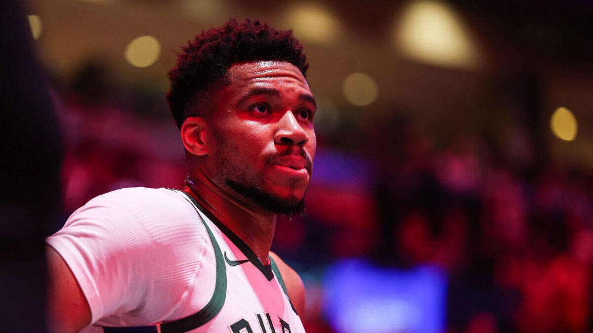 Giannis Antetokounmpo #34 of the Milwaukee Bucks looks on against the Miami Heat during the first quarter at Kaseya Center on March 12, 2026 in Miami.
